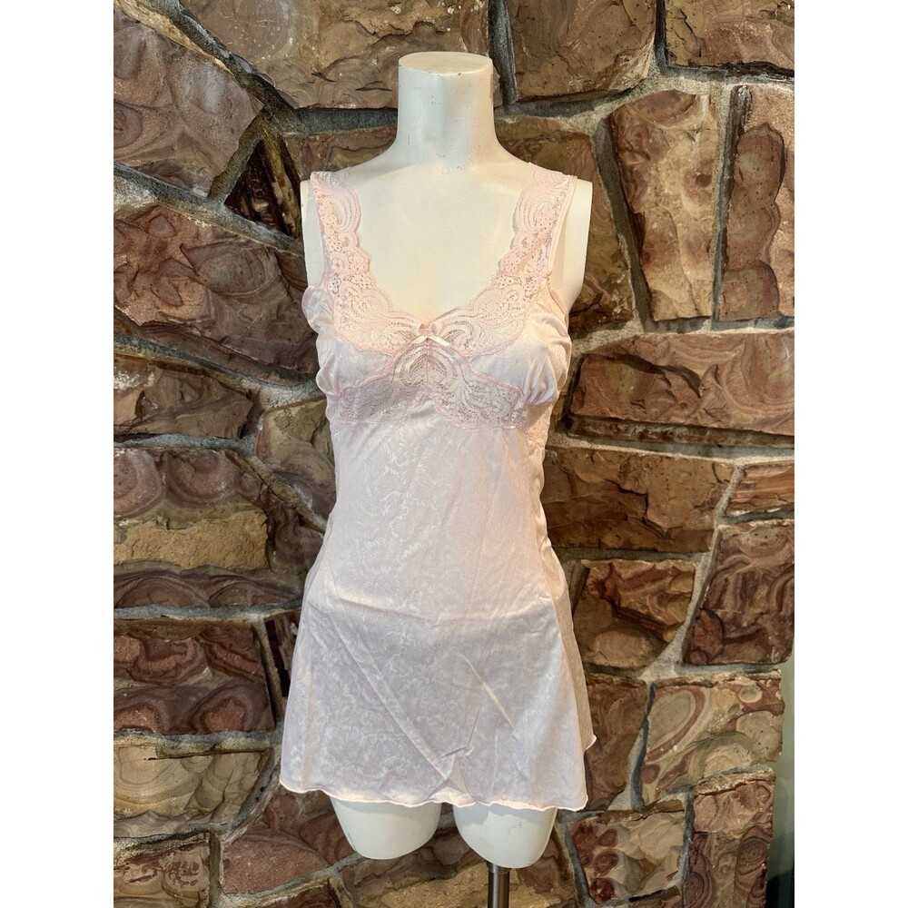Vtg ILUSION LARGE PINK nylon nightgown pajama set ‎  top 70s lingerie lounge